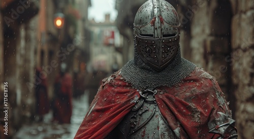 a medieval knight with armour stands on an alleyway