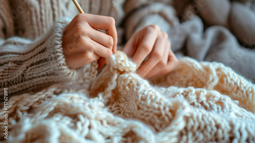 A woman knits a sweater with yarn. Selective focus. photo