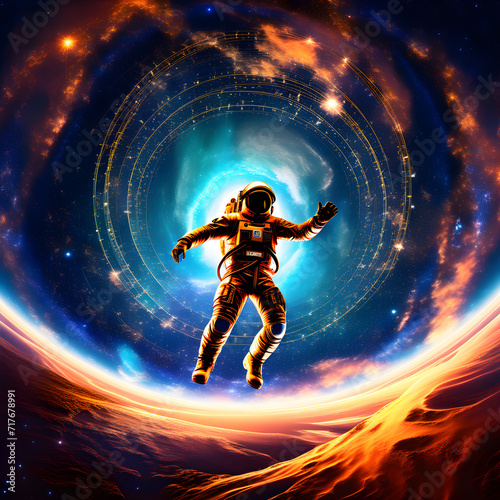 Lone astronaut adrift in cosmic vastness. A mesmerizing scene of solitude and exploration in the vast reaches of outer space.
