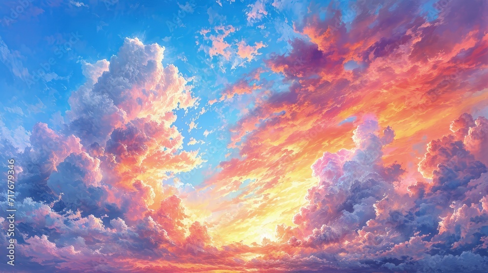 A mesmerizing dusk sky scene bathed in a palette of vibrant hues, casting a spell of breathtaking beauty.