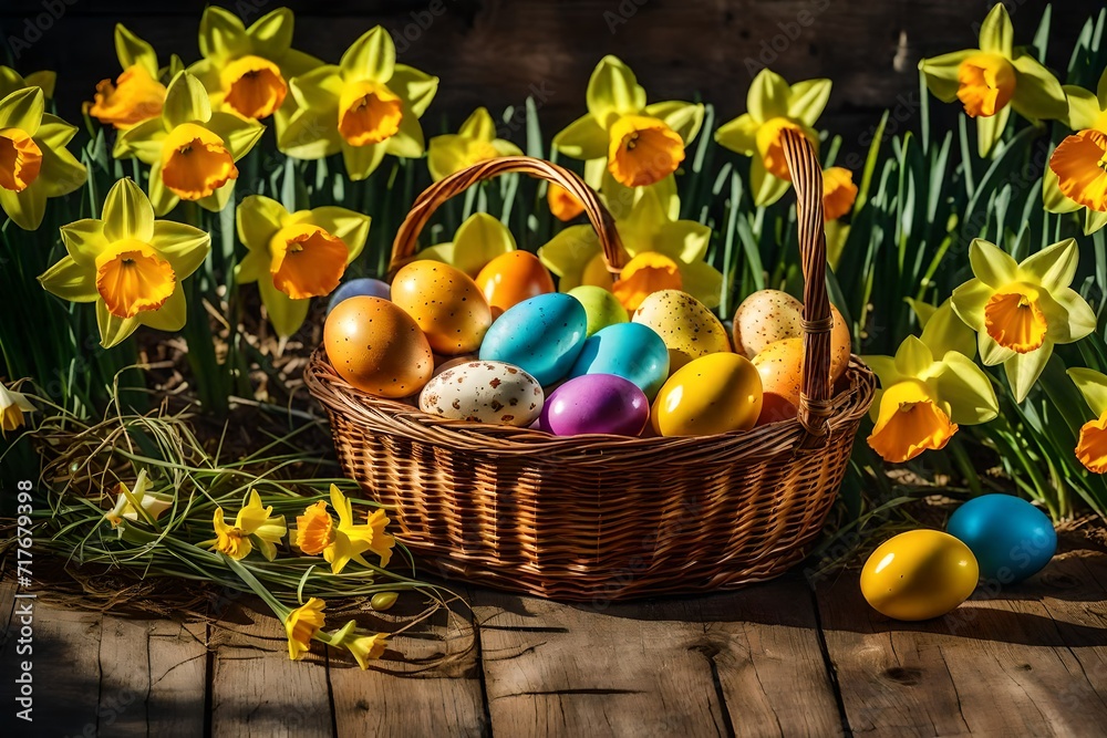 easter basket with eggs and daffodils