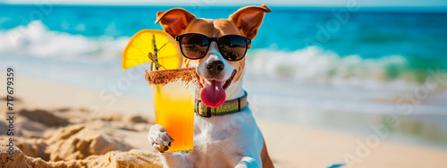A dog drinks a cocktail on the beach wearing sunglasses. Selective focus. © yanadjan