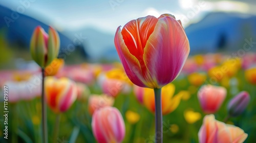 Closeup view  a multicolored tulip in full bloom against the backdrop of a meadow and distant mountains.