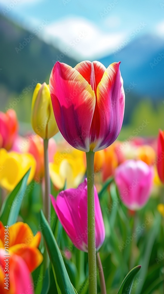 Closeup view, a multicolored tulip in full bloom against the backdrop of a meadow and distant mountains. Closeup view, a multicolored tulip in full bloom against the backdrop of a meadow and distant mountains.