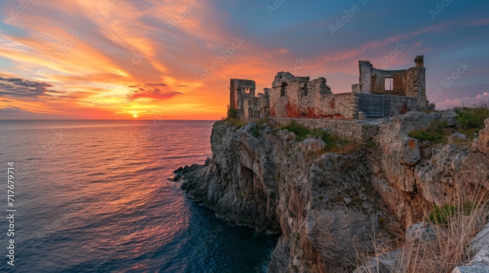Abandoned castle ruins on a cliff overlooking the ocean at sunset background.