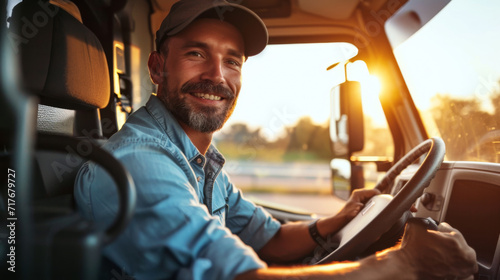 smiling bearded truck driver wearing a cap and a denim shirt is seated in the cab of a truck photo