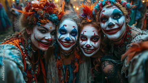 Clown Makeup Party: A Group of Clowns with Flower Crowns and Face Paint Generative AI