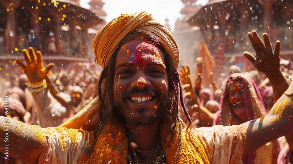 Close up shot of a man enjoying and celebrating Holi in indian hindu temple Close up shot of a man enjoying and celebrating Holi in indian hindu temple