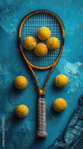Close up of a tennis racket with tennis balls on it isolated on a blue concrete surface, summer outdoor sport activity