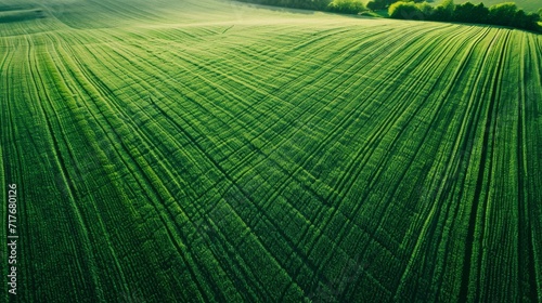 Aerial photograph of a vast, green agricultural farm with crop rows background.