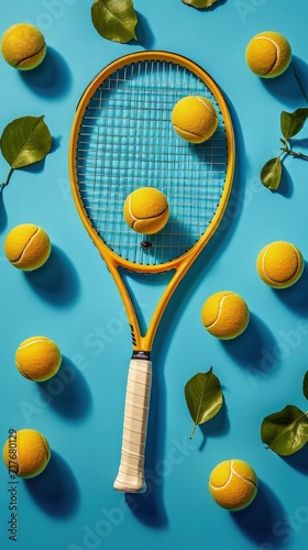 Tennis ball racket and shadow on blue surface, summer outdoor sport activity 