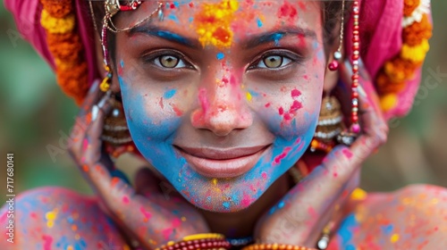 A beautiful young woman celebrating Holi and her face is covered in colorful Gulal or powdered colors