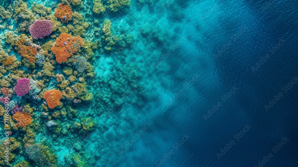 Aerial view of a colorful coral reef in clear blue water background.