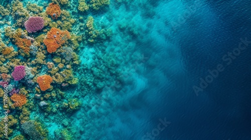 Aerial view of a colorful coral reef in clear blue water background.