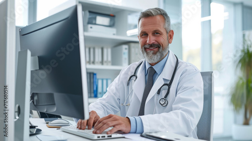 smiling  middle-aged male doctor working on a computer
