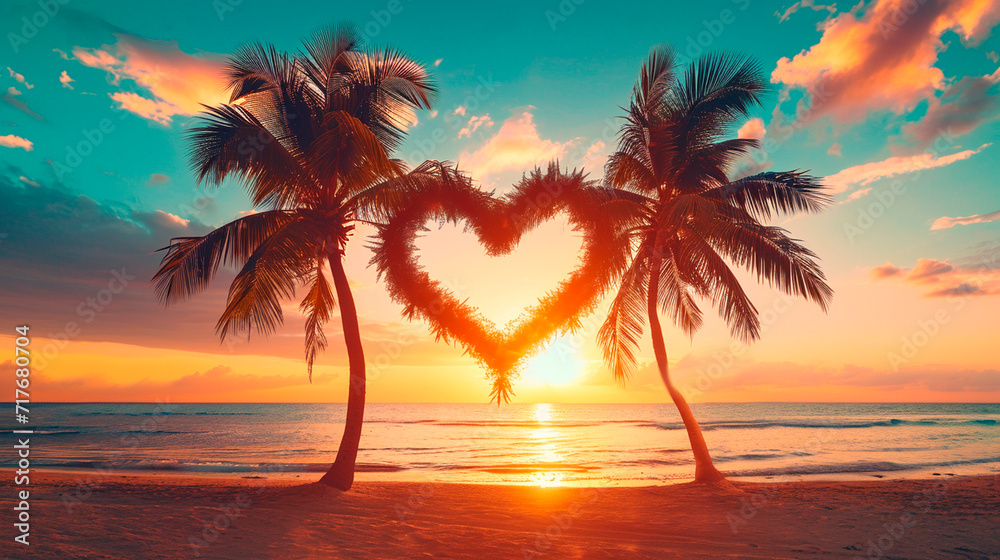 Palm trees on the beach heart. Selective focus.