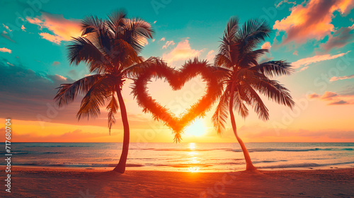 Palm trees on the beach heart. Selective focus. © yanadjan