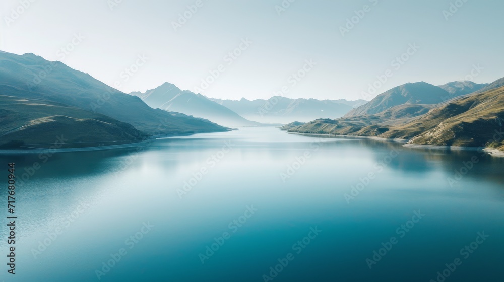 Aerial view of a serene lake surrounded by mountains background.