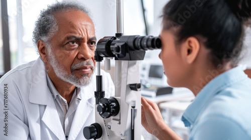 male doctor using a slit lamp to examine the eyes