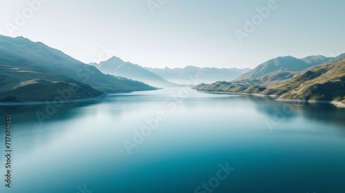 Aerial view of a serene lake surrounded by mountains background.