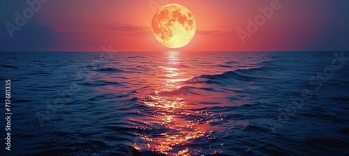 Red full moon over the sea. Generative AI technology.