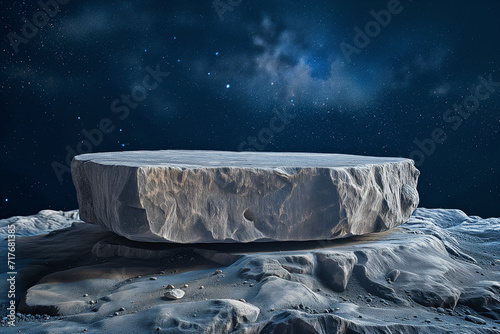 Abstract display podium rock stone asteroid on rock hill float outer space galaxy planet dark black. Pedestal advertising product. concept universe stars cosmos moon and mars. Copy space. Soft focus.