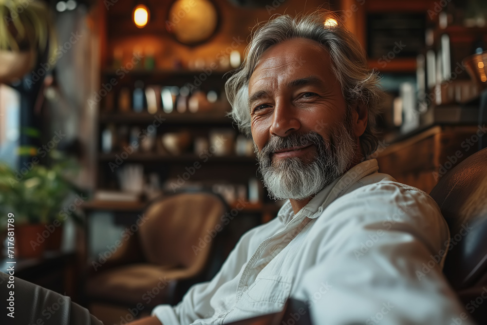 Men's beauty salon, barbershop. Portrait of a handsome senior bearded man sitting in a salon chair and looking at camera, taking care of himself