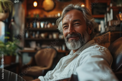 Men's beauty salon, barbershop. Portrait of a handsome senior bearded man sitting in a salon chair and looking at camera, taking care of himself