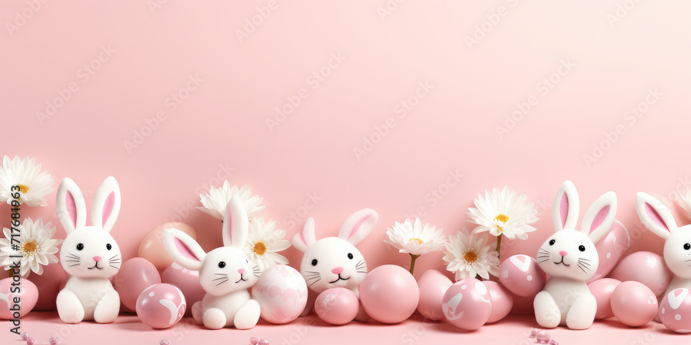 Easter poster and banner template with Easter eggs,Easter bunny and flowers on a pink background.Promotion and shopping template for Easter. Beautiful easter promotion banner.Copy space for text