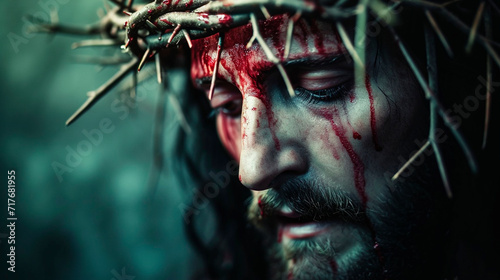 portrait of Jesus Christ in a crown of thorns. Selective focus.