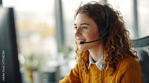 Young woman wearing a yellow cardigan and a white shirt, with curly hair, smiling and wearing a headset, representing a customer service representative or a call center operator.