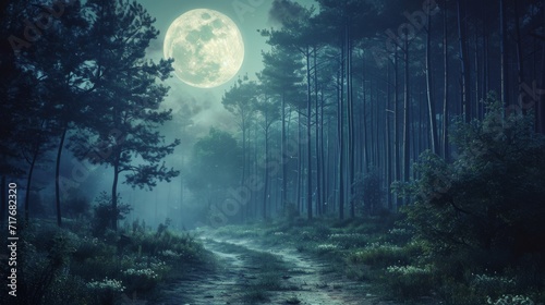 Full moon illuminating a misty forest path with shadows and light play background.