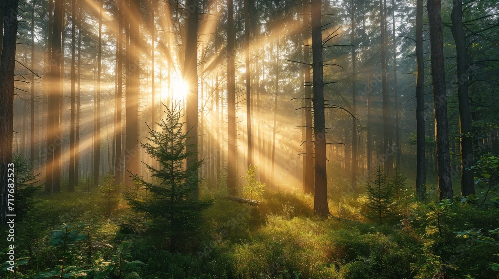 Misty forest at dawn with rays of sunlight piercing through the trees background.