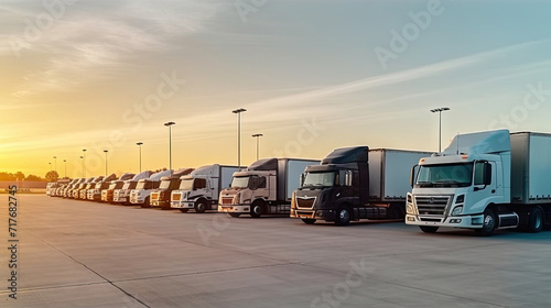 Fleet of trucks parked at parking lot yard of delivery company. Truck transport. Logistic industry. Freight transportation. Commercial truck for delivering goods from warehouse