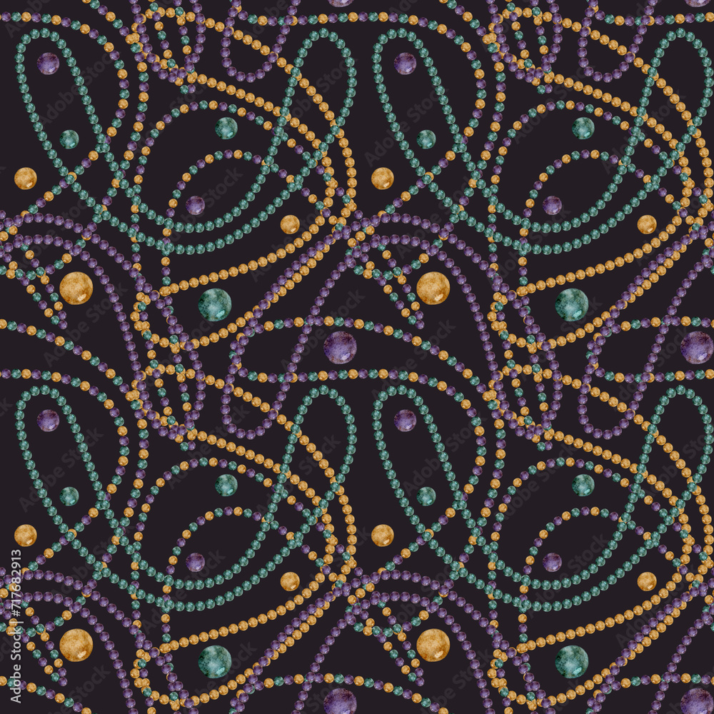 Hand drawn watercolor Mardi Gras carnival symbols. Glass bead string necklace bauble jewelry gold purple green. Seamless pattern isolated on dark background. Design for party, print, shop, package Hand drawn watercolor Mardi Gras carnival symbols. Glass bead string necklace bauble jewelry gold purple green. Seamless pattern isolated on dark background. Design for party, print, shop, package
