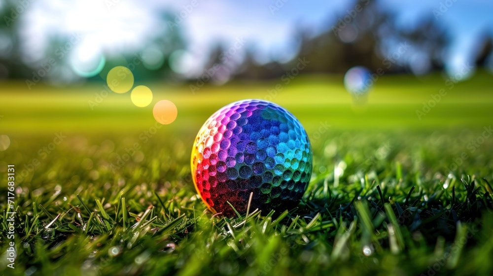 Naklejka premium A golf ball in bright colors on a green lawn.