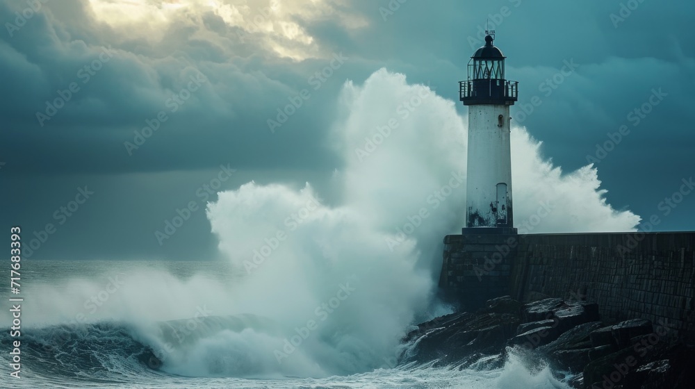Rocky coast with a lighthouse and crashing waves under a stormy sky background.