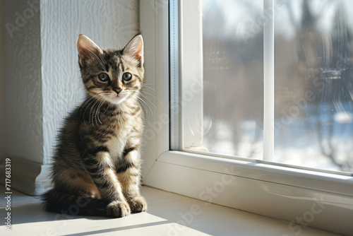 Tabby kitten enjoys warmth by plastic PVC window in winter, concept of indoor comfort, warmth preservation and cold weather winter insulation.