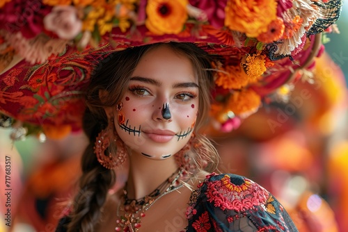 Halloween Makeup Trend: A Woman in a Skull-Painted Face Hat Generative AI