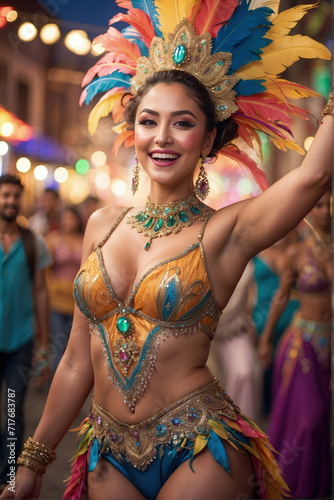 beutiful dancing and smilling Female wearing brazillian carnival costume