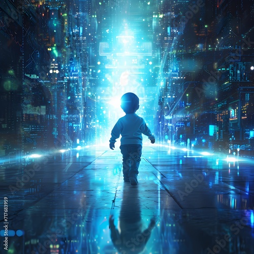 child is walking forward towards the light, all technology with the right and left side background of internet holograms © Rizzz