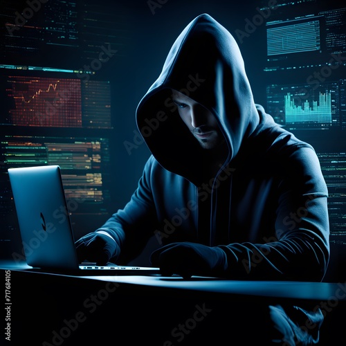 Cyber hacker, Digital Cybersecurity Concept with Hooded Hacker and Computer Interface on Dark Background, Spy anonymous.