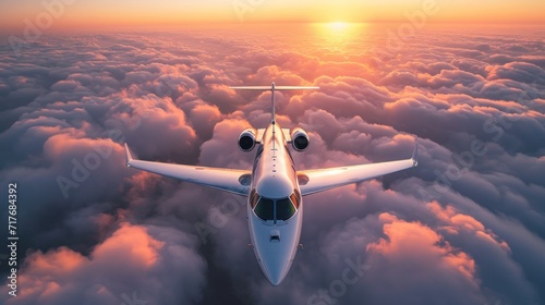 Luxury private jet flying above the clouds, beautiful sunset on background.  photo