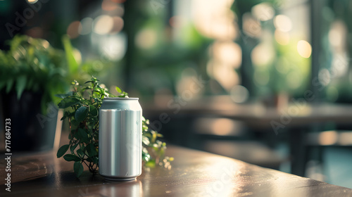 A blank silver cold drink can on a stylish table, emphasizing the product's sophistication and appeal, brandless soda or beer can for mockup, photo