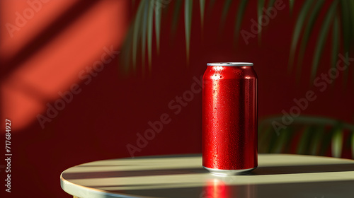 A blank red cold drink can on a stylish table, emphasizing the product's sophistication and appeal, brandless soda or beer can for mockup,