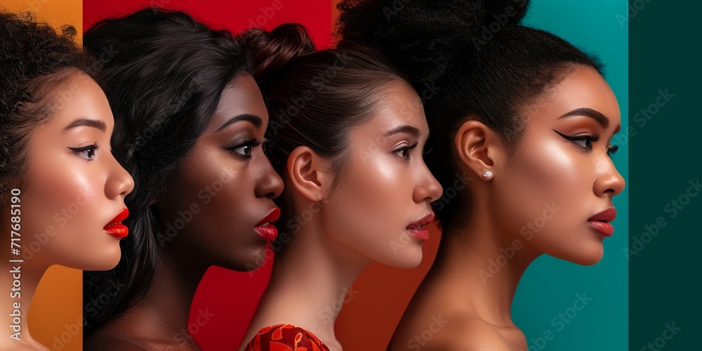 Obraz premium Collage of beautiful multiracial women on color background