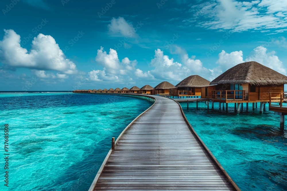 Tropical paradise. Luxury panoramview on Maldives resort on seascape background. Bungalow, villas on beautiful exotic beach on the ocean. Spa, leisure, concept Ai
