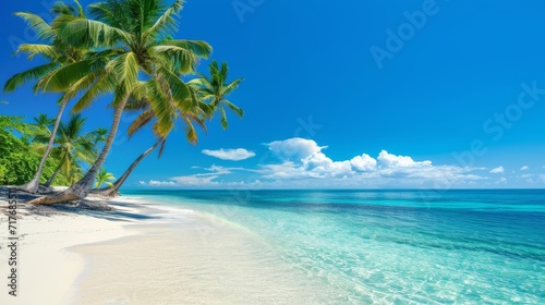 Tropical beach with white sand  palm trees  and crystal clear water under a bright blue sky background.