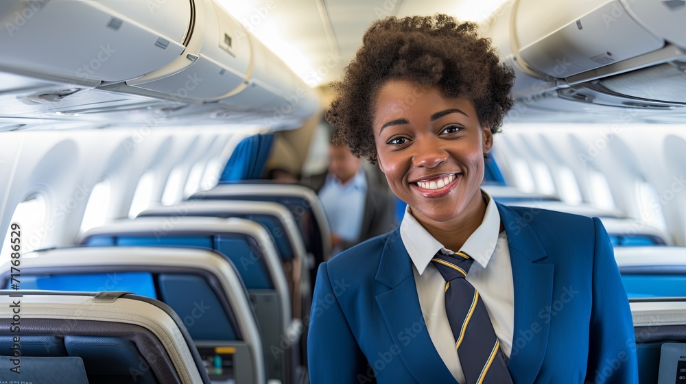 Friendly African American flight attendant smiling in airplane aisle, representing excellent customer service. Friendly African American flight attendant smiling in airplane aisle, representing excellent customer service.