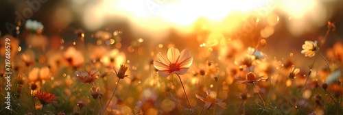 a flower field at sunrise with sunlight shining through the flowers